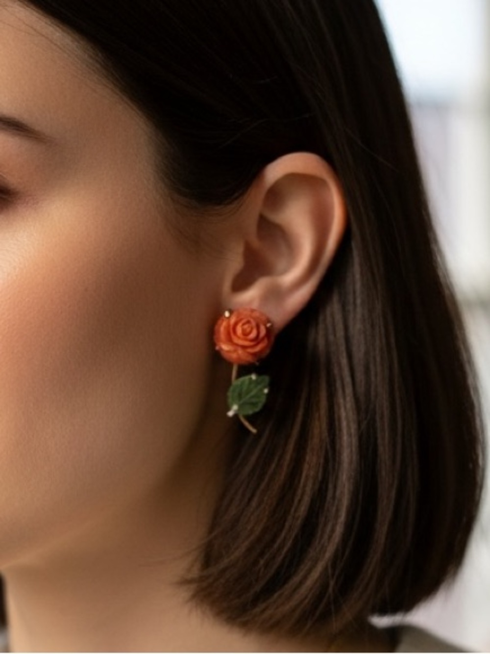 Krementz Carved Coral and Jade Rose Gold-Tone Screw-Back Earrings
